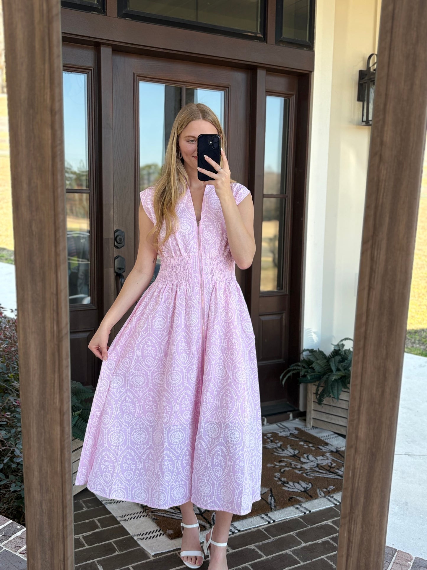 Pink Smocked Eyelet Midi