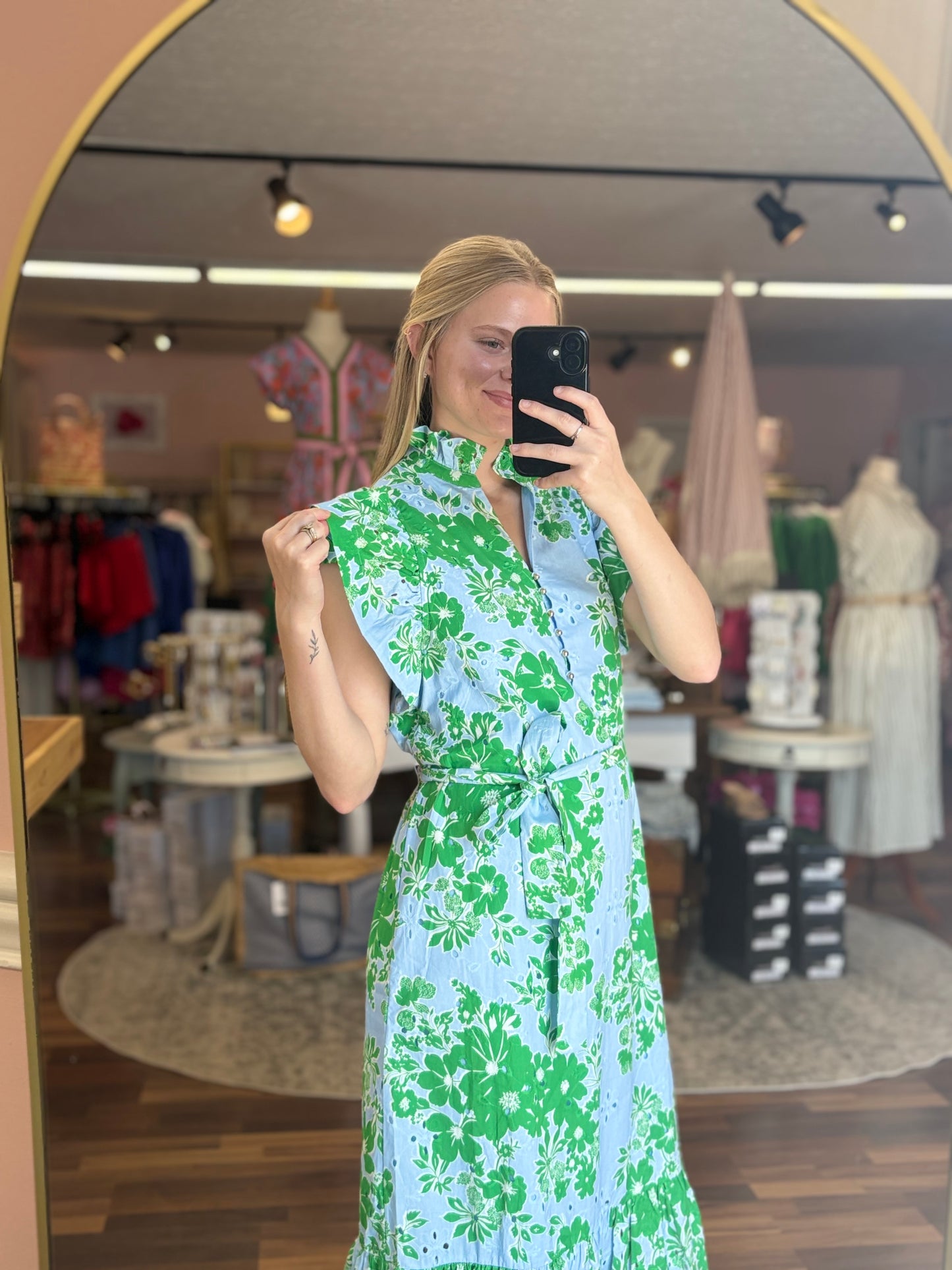 Blue Green Floral Eyelet Midi