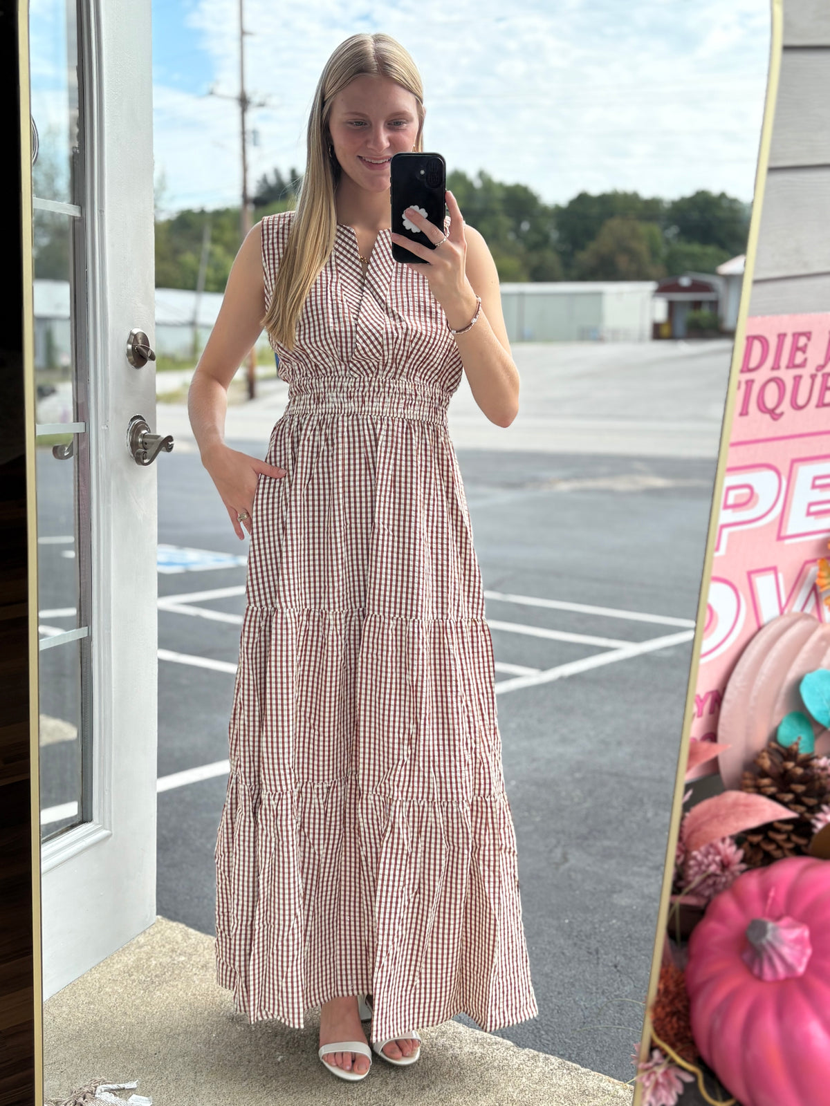 Brown Sleeveless Woven Gingham Maxi