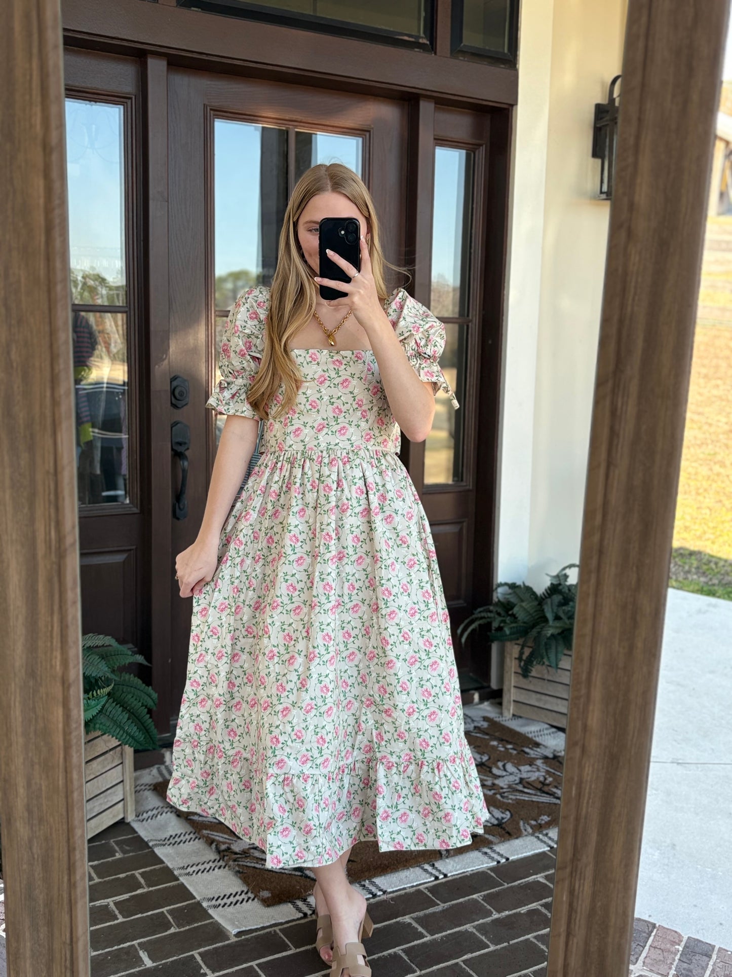Taupe Pink Floral Flare Midi