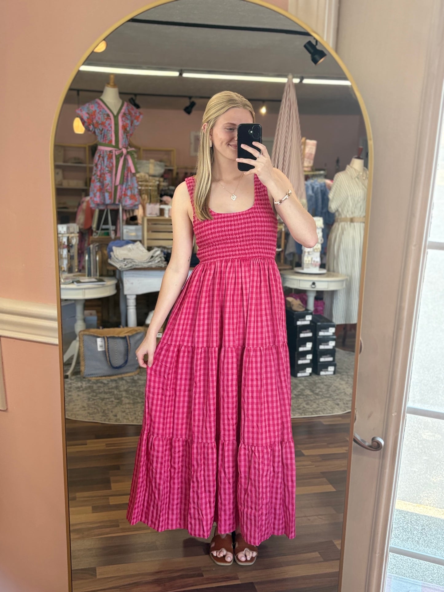 Fushcia Multi Smocked Gingham Maxi