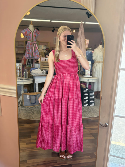 Fushcia Multi Smocked Gingham Maxi