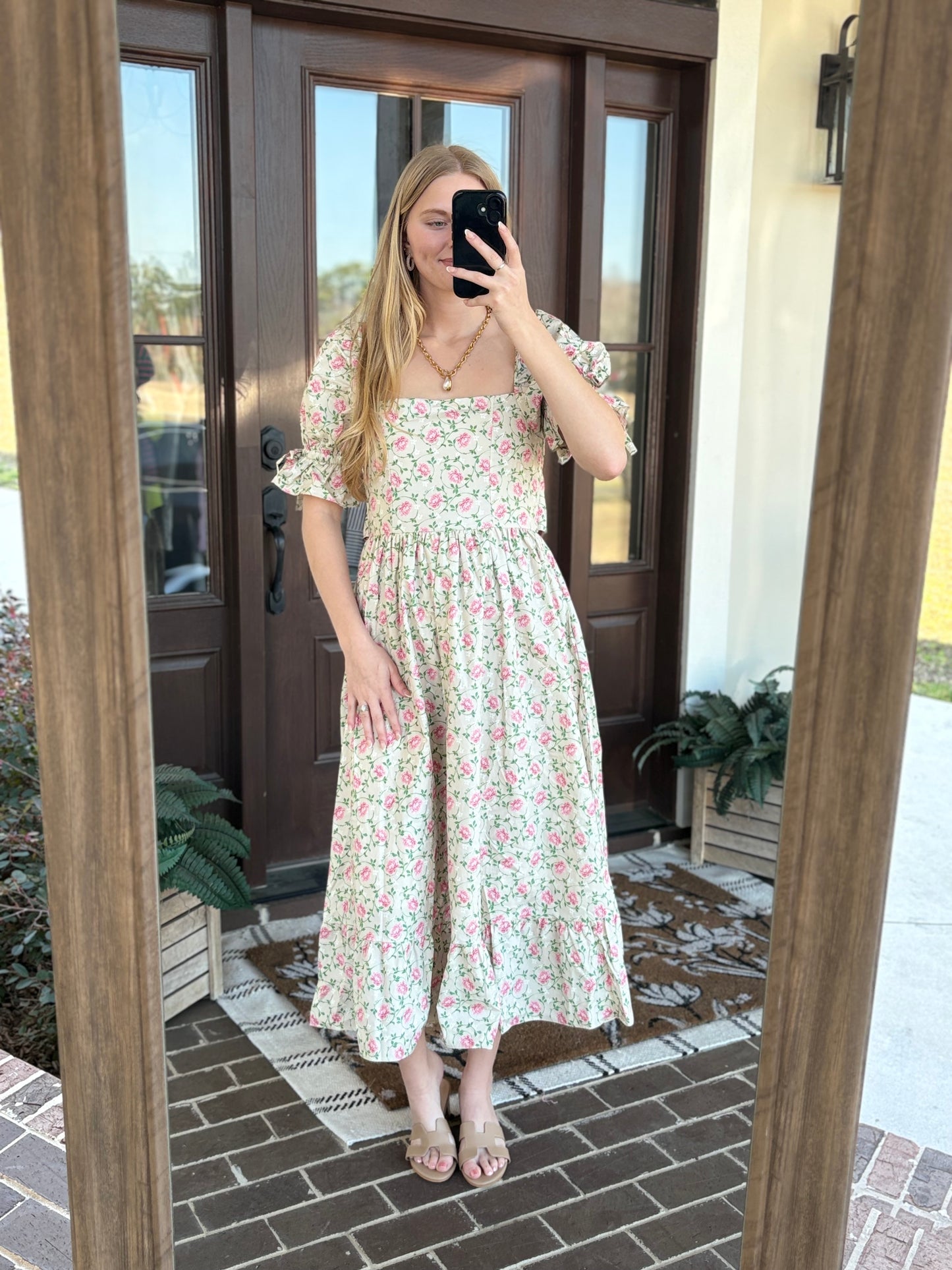 Taupe Pink Floral Flare Midi