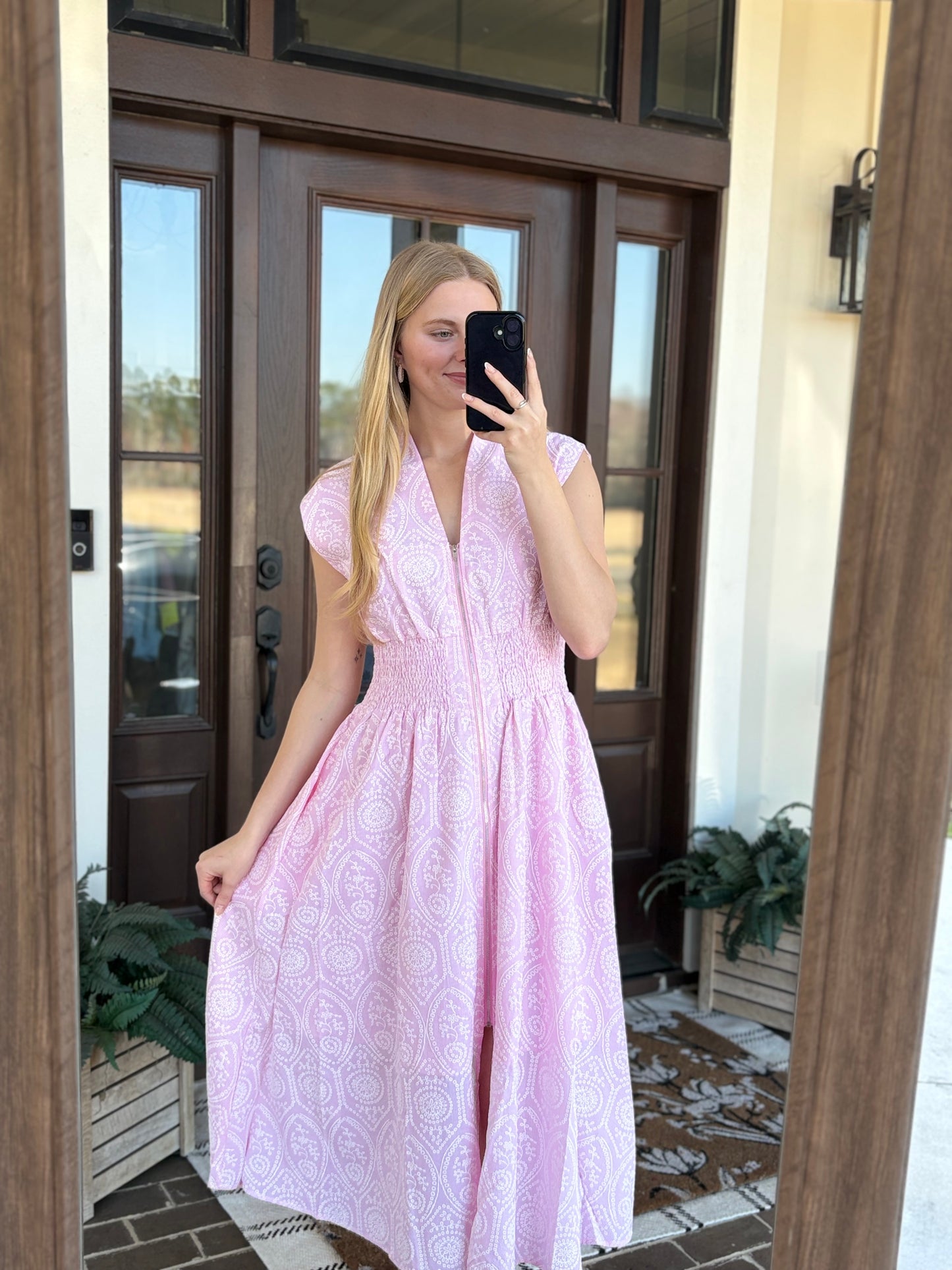 Pink Smocked Eyelet Midi