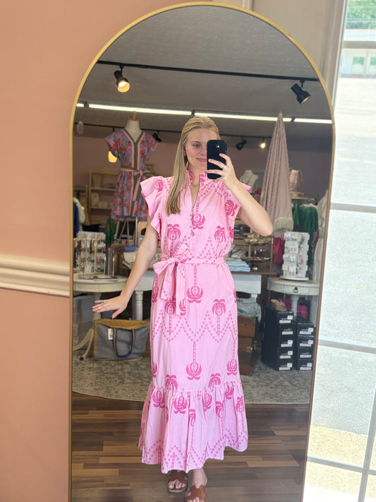 Pink Embroidered Palm Midi