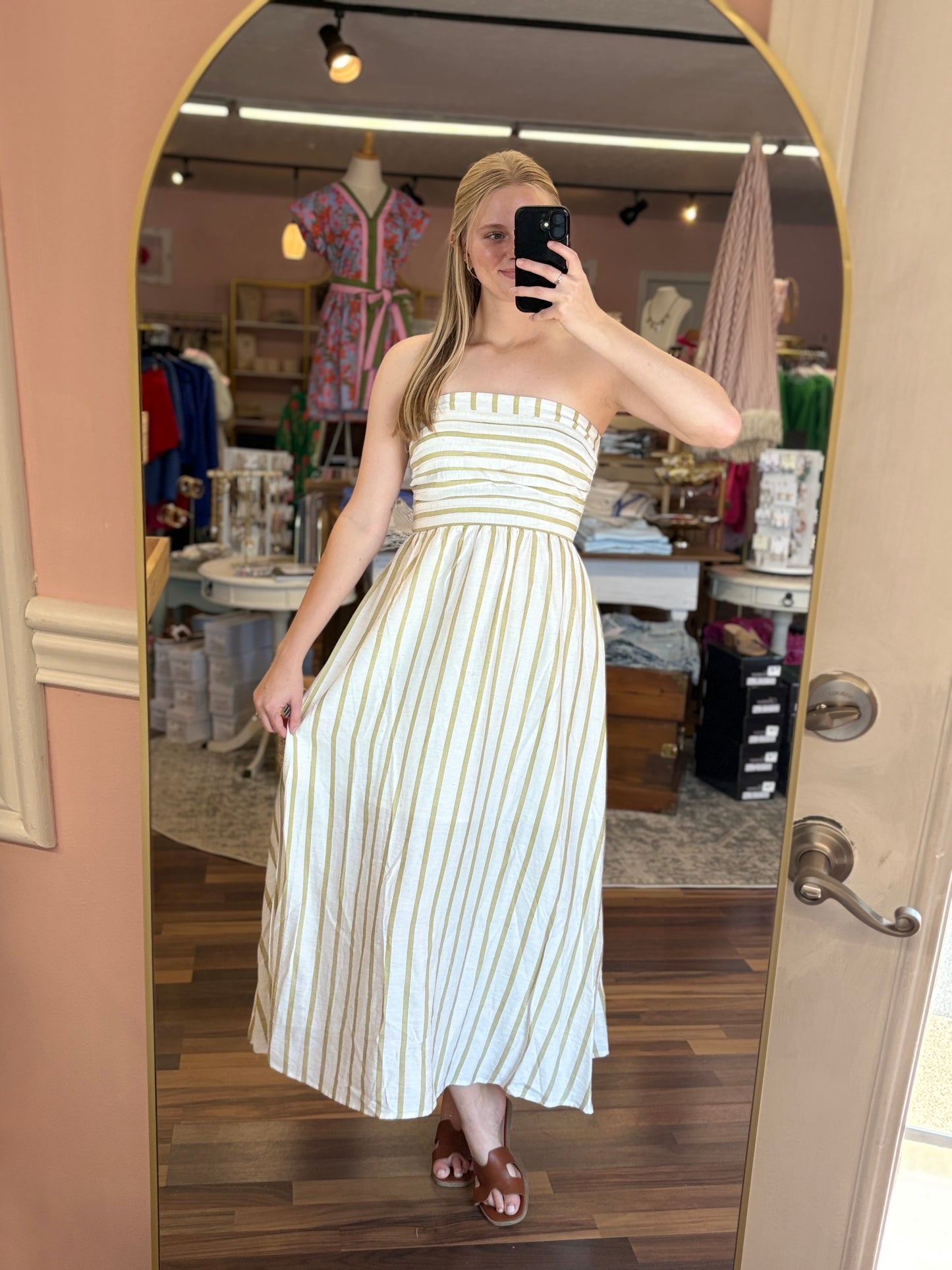 Olive Striped Strapless Midi