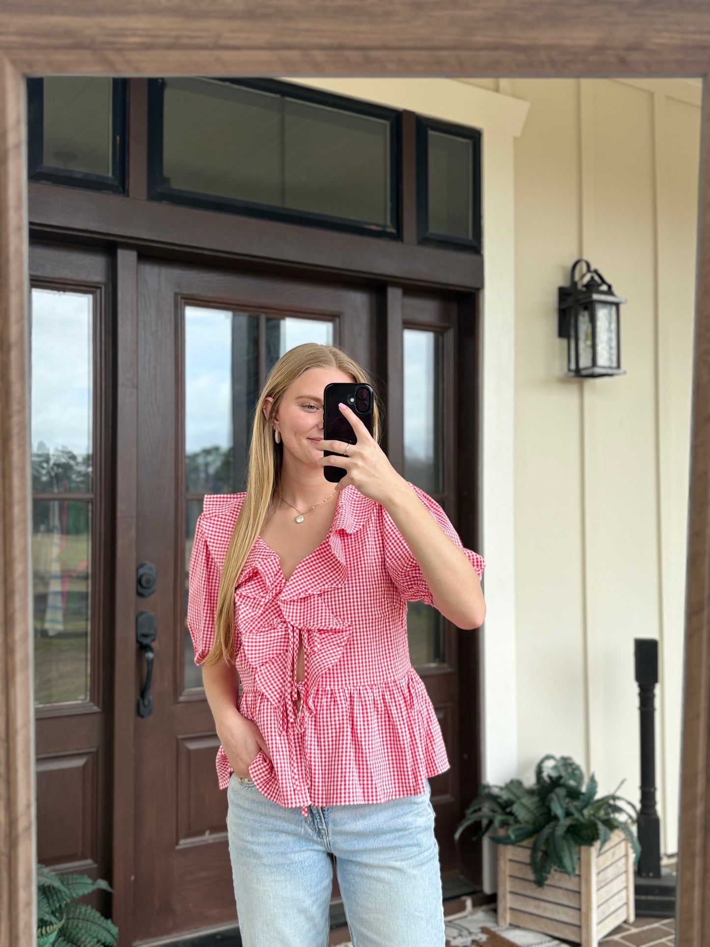Red Gingham Ruffled Blouse