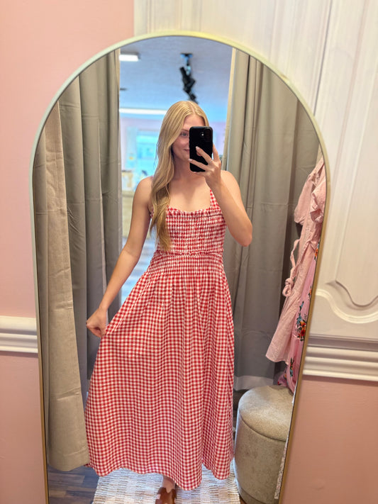 Red Gingham Smocked Midi