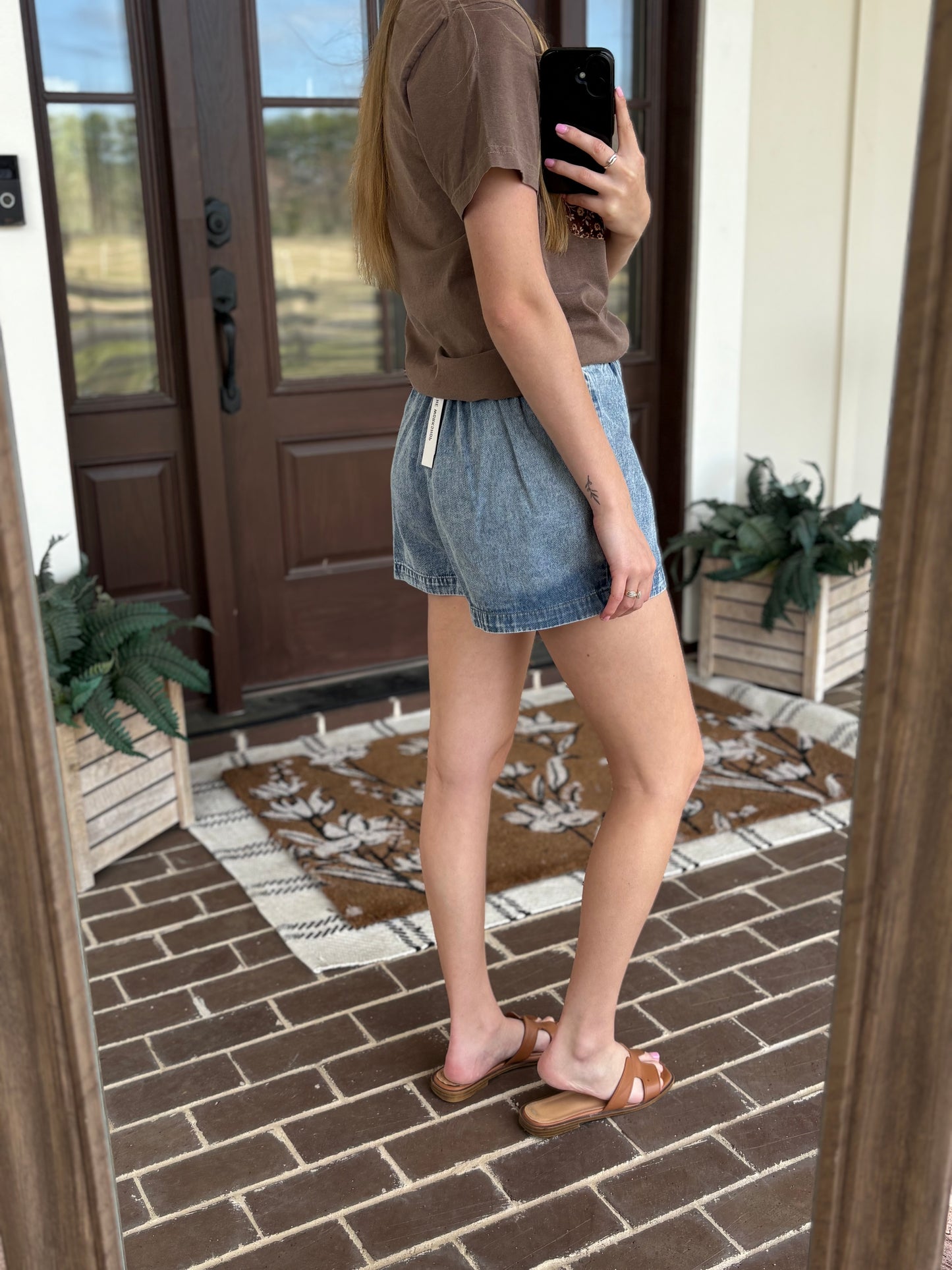 Acid Wash Drawstring Denim Shorts