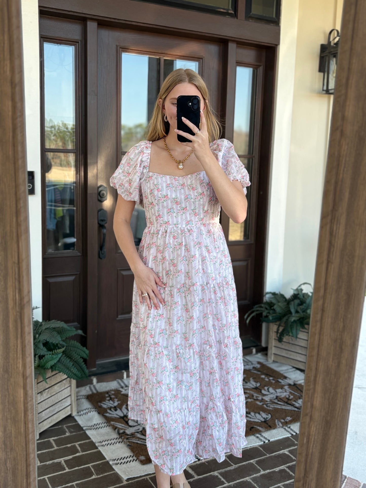 LT Pink Floral Bubble Sleeve Midi
