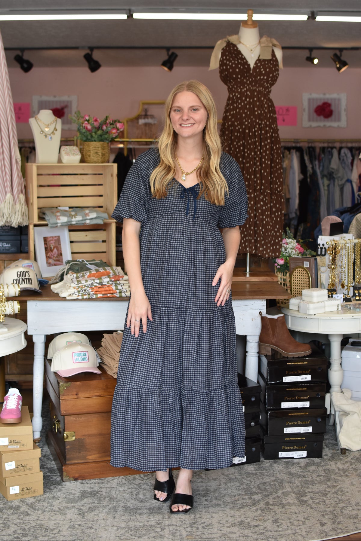 Navy Plaid Bubble Sleeve Tiered Midi