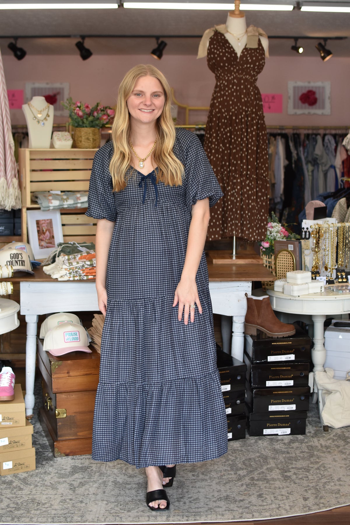 Navy Plaid Bubble Sleeve Tiered Midi