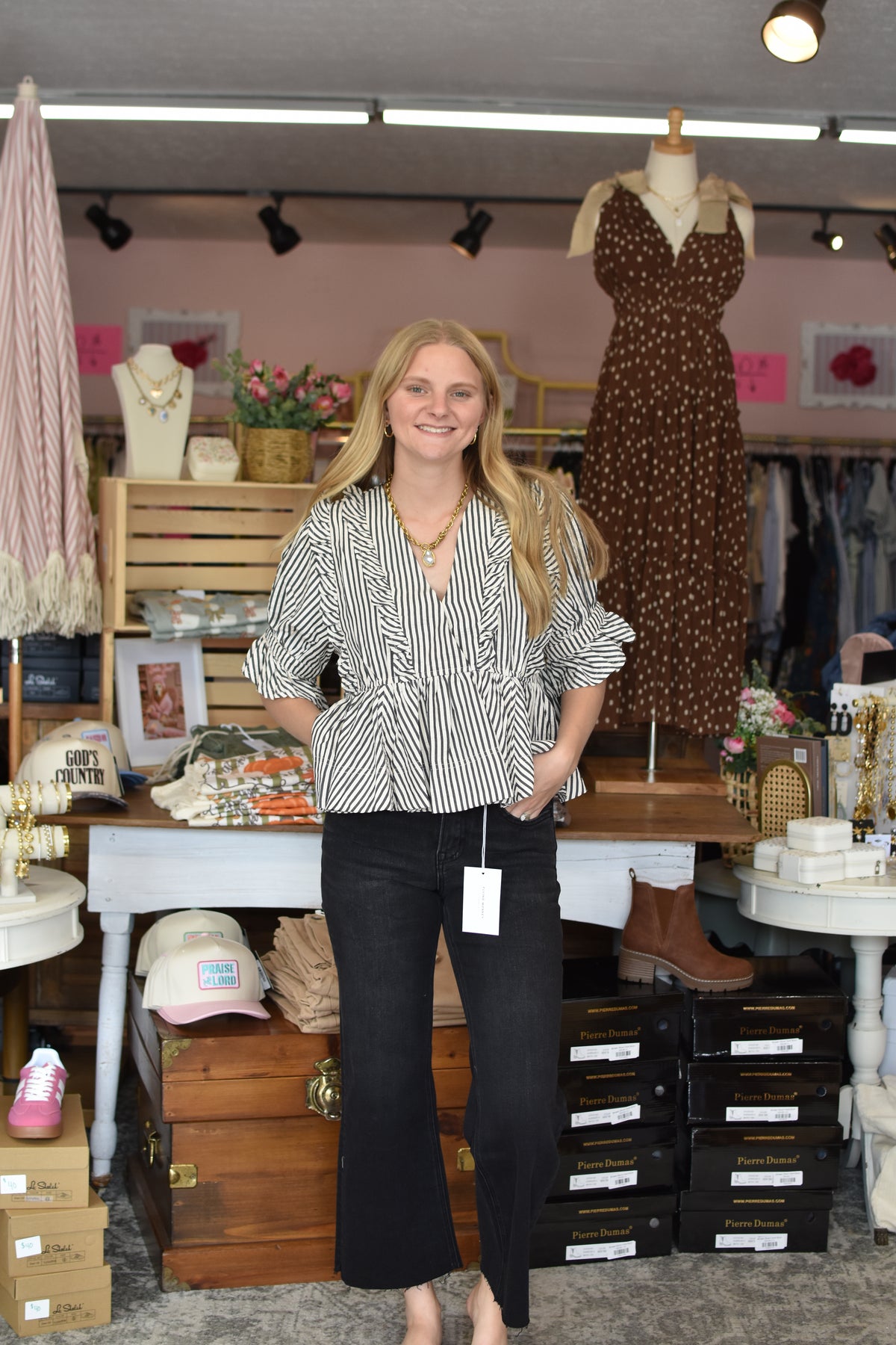 Black Striped Ruffle Blouse