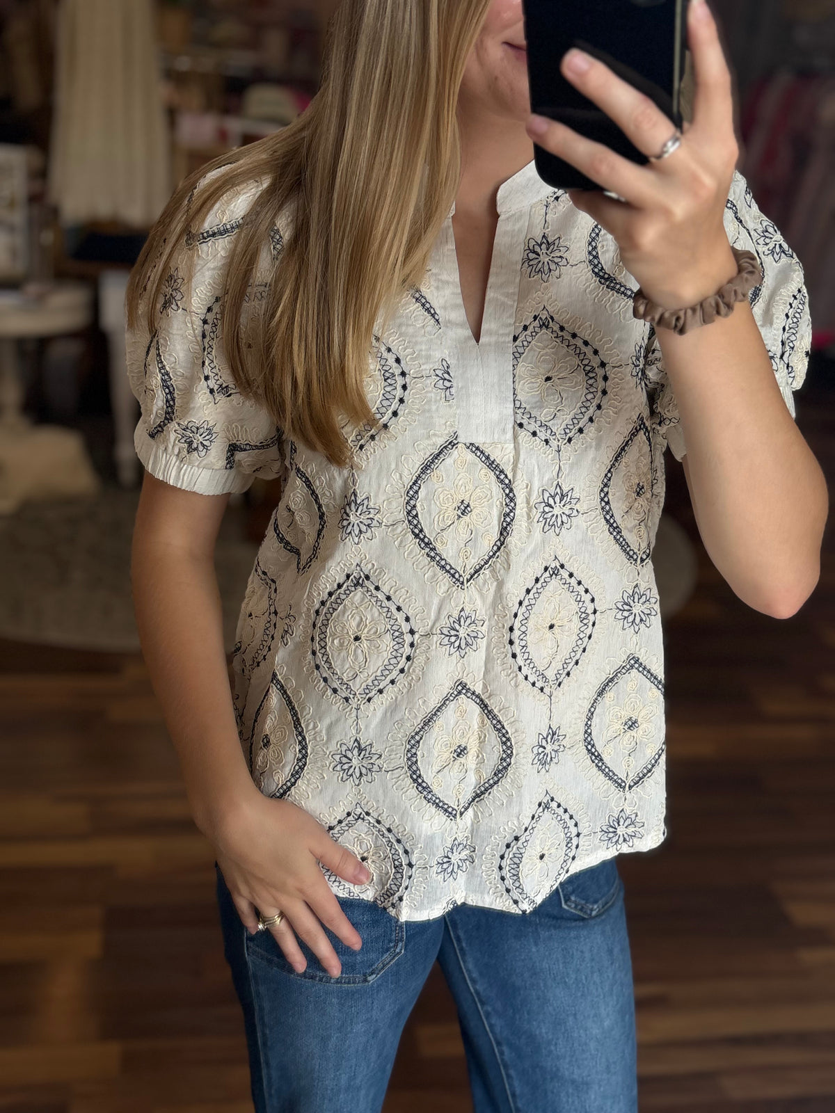 Embroidered Woven Puff Sleeve Top
