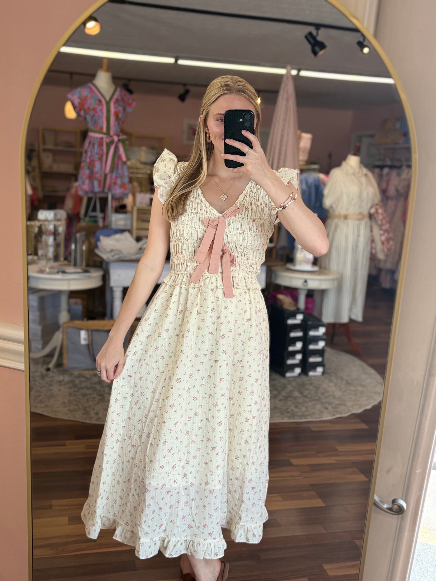 Cream Pink Floral Midi
