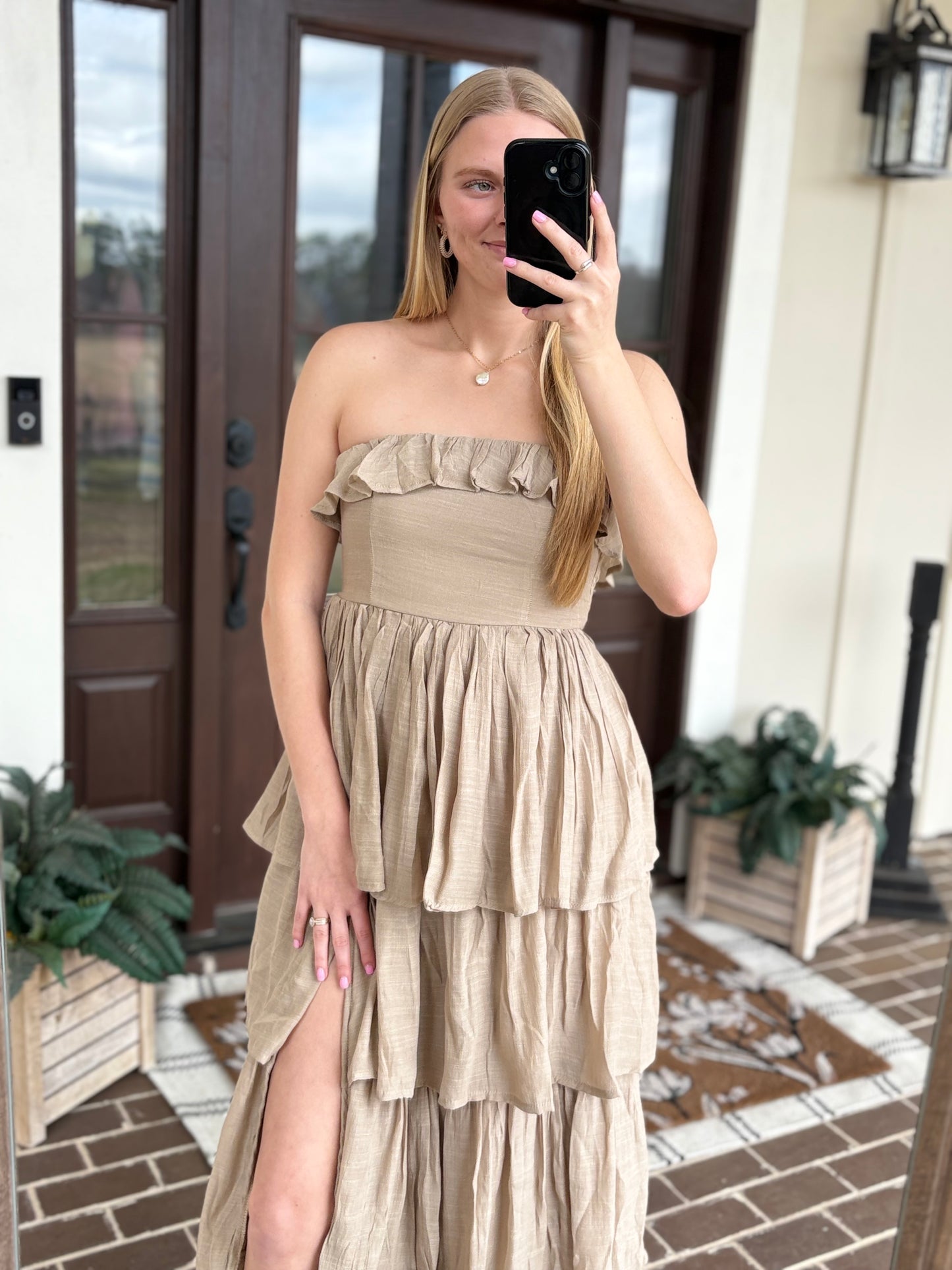 Taupe Ruffle Strapless Midi