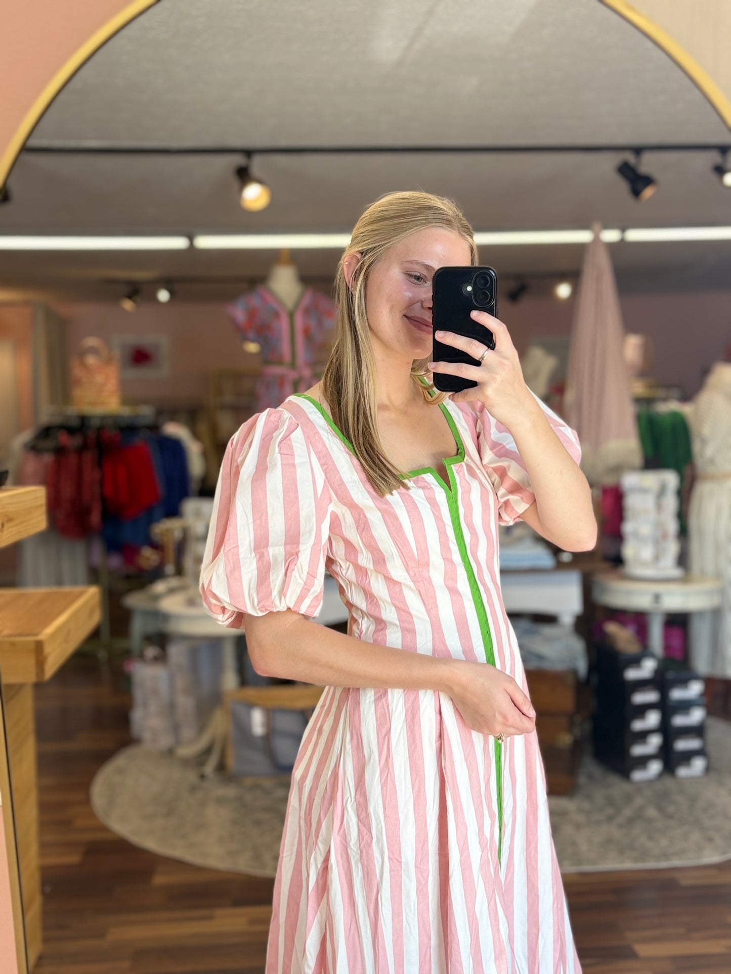 Pink Striped Green Trim Midi
