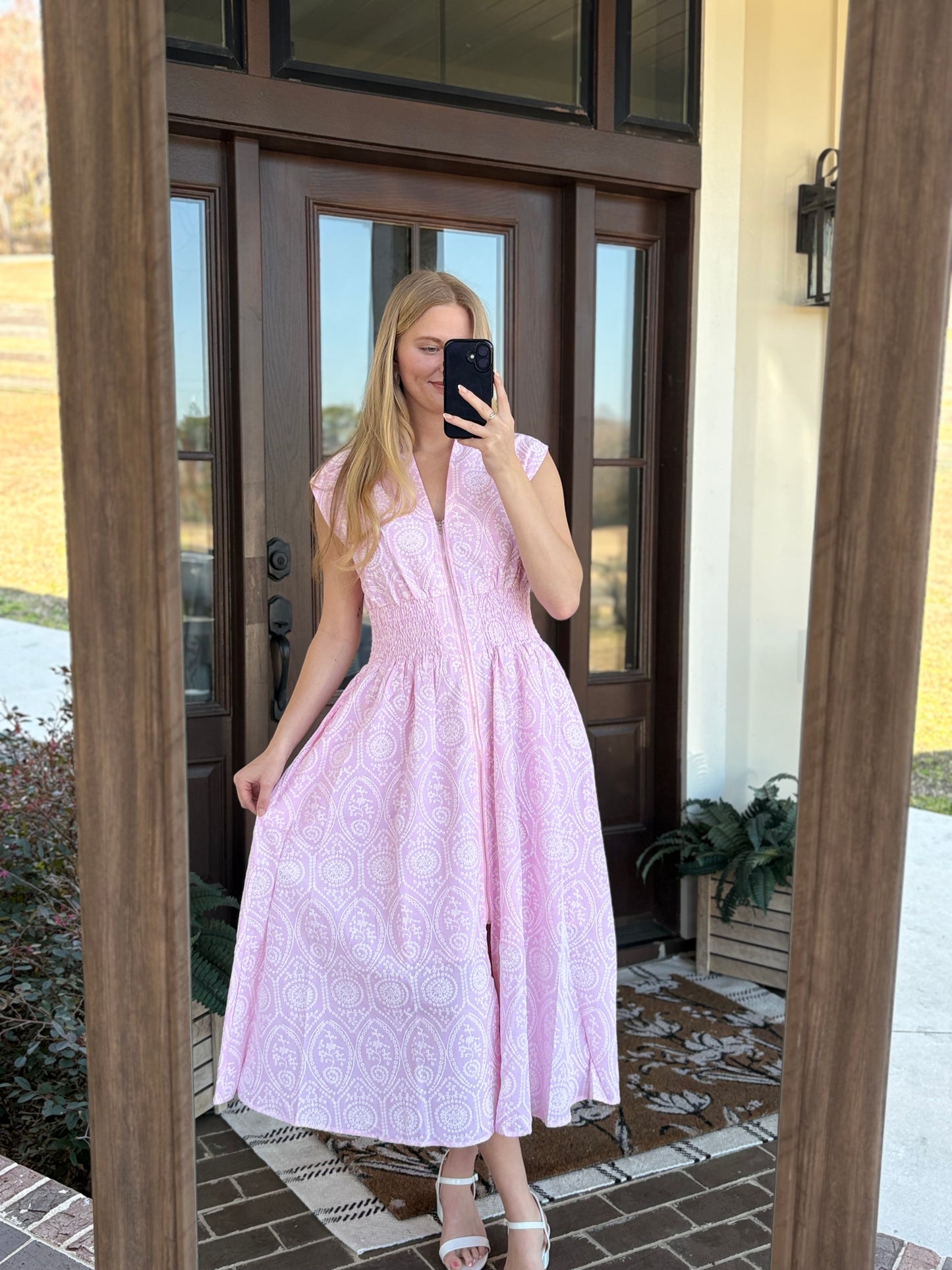 Pink Smocked Eyelet Midi