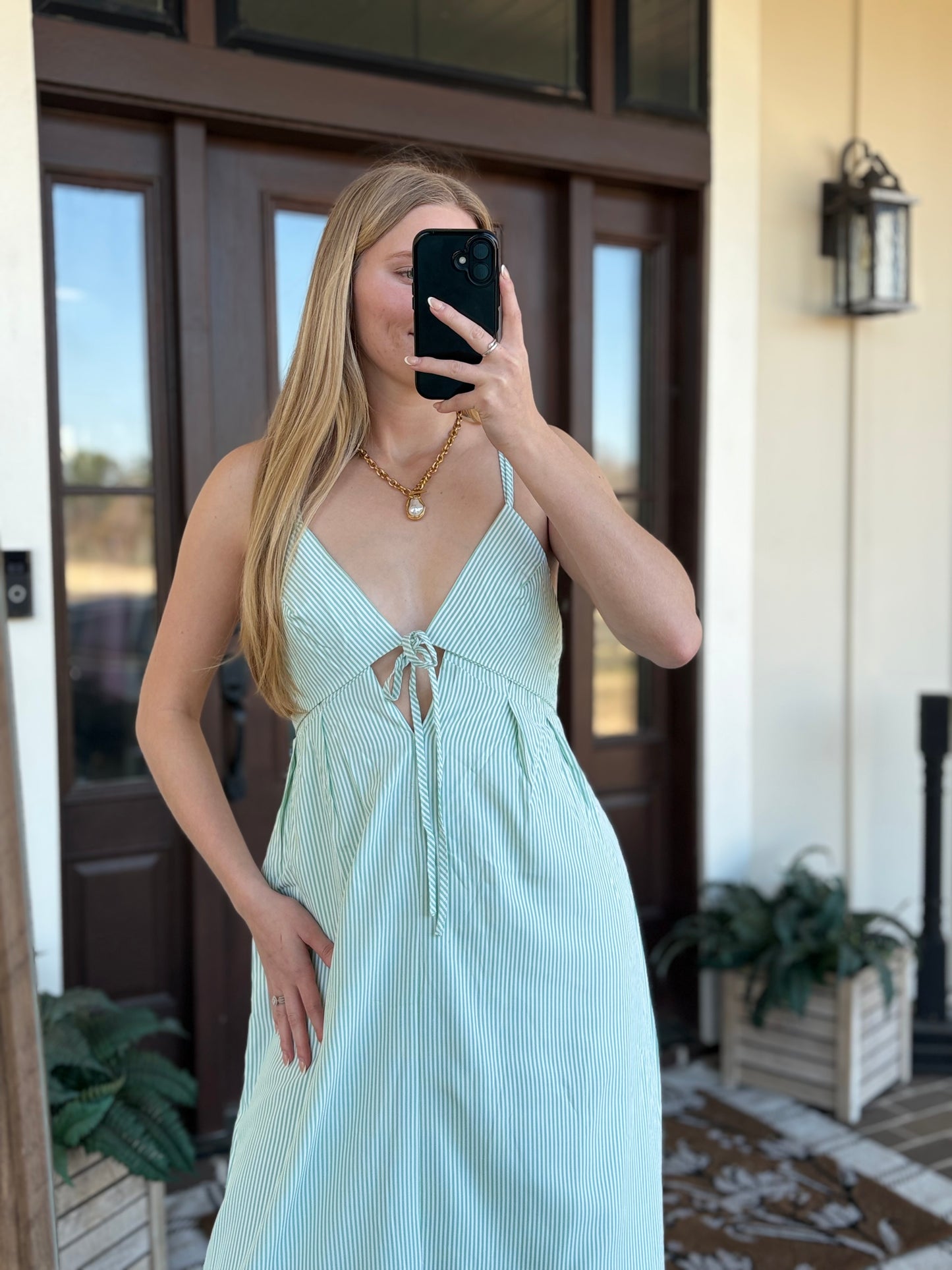 Green/White Striped Midi