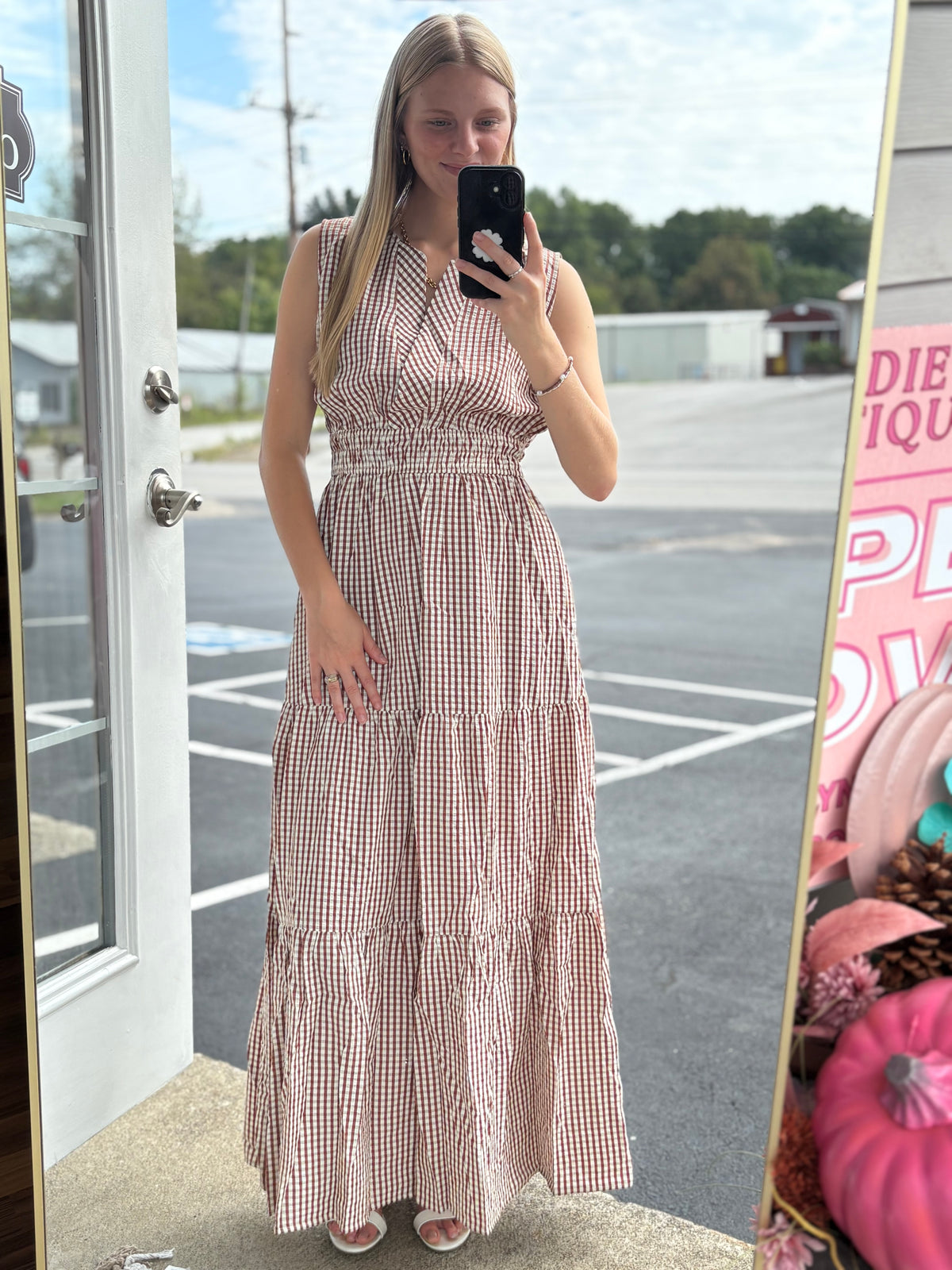 Brown Sleeveless Woven Gingham Maxi