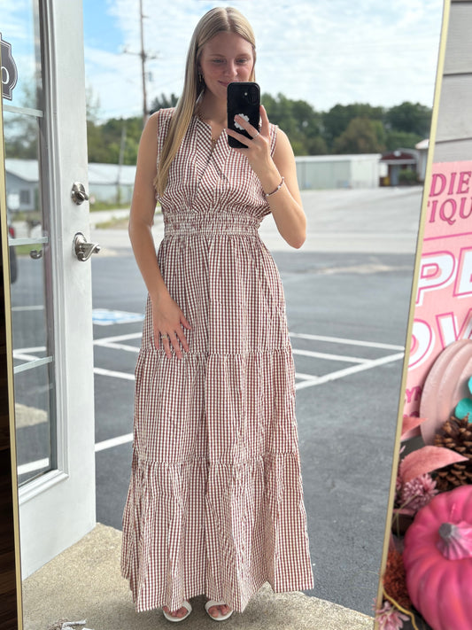 Brown Sleeveless Woven Gingham Maxi