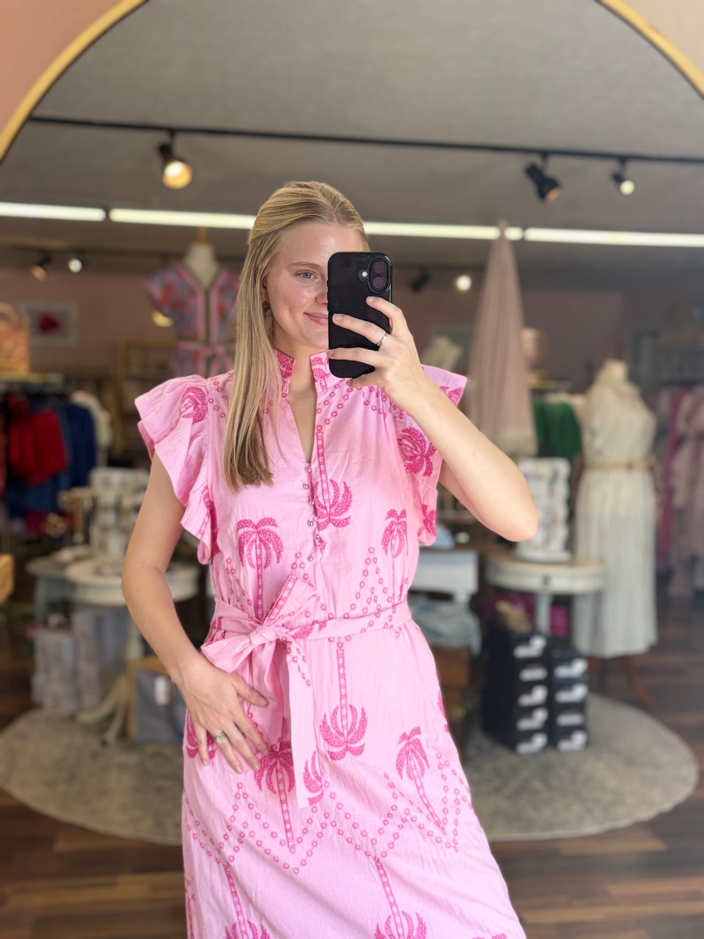 Pink Embroidered Palm Midi