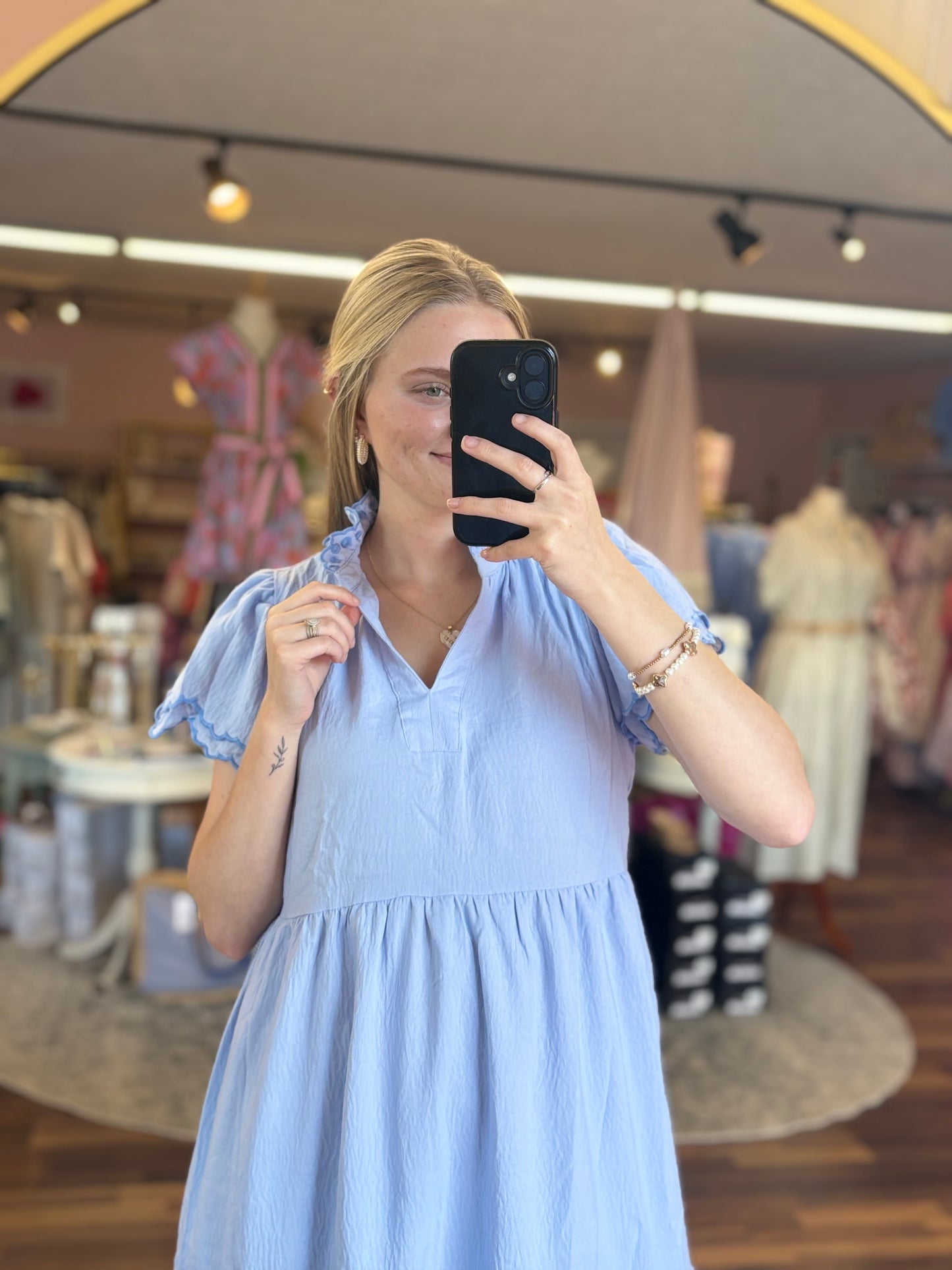 Ice Blue Scalloped V Neck Mini