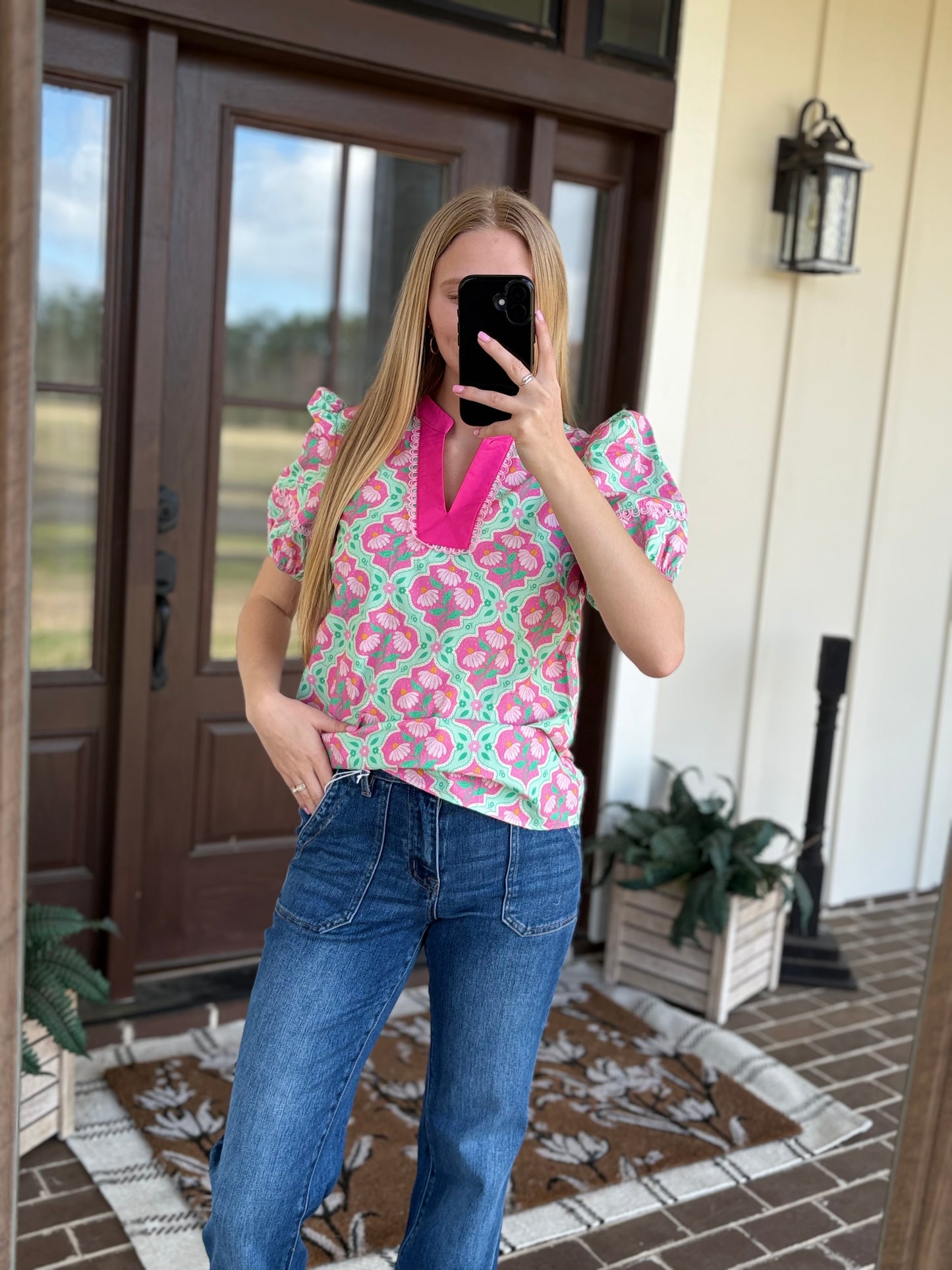 Pink and Green Floral Blouse