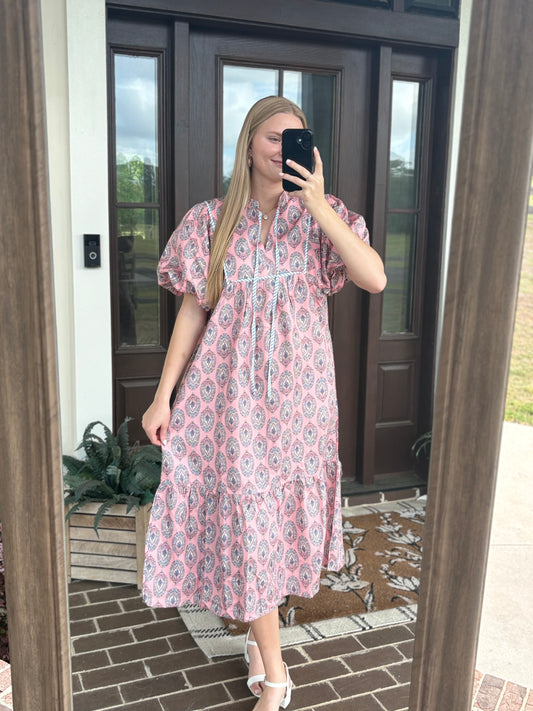 Pink Short Bubble Sleeve Midi