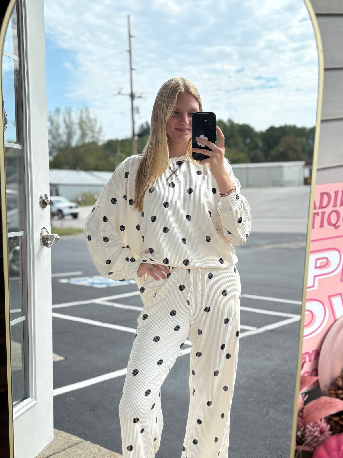 Polka Dot Textured Knit Pants Set
