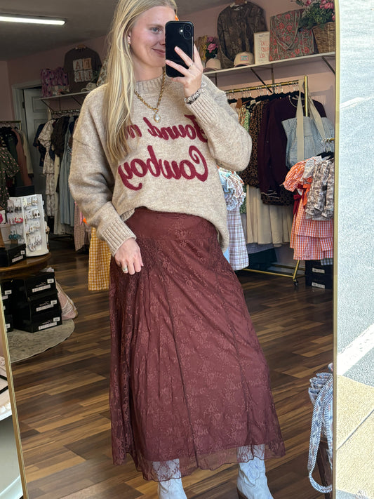 Brown Lace Waisted Midi Skirt