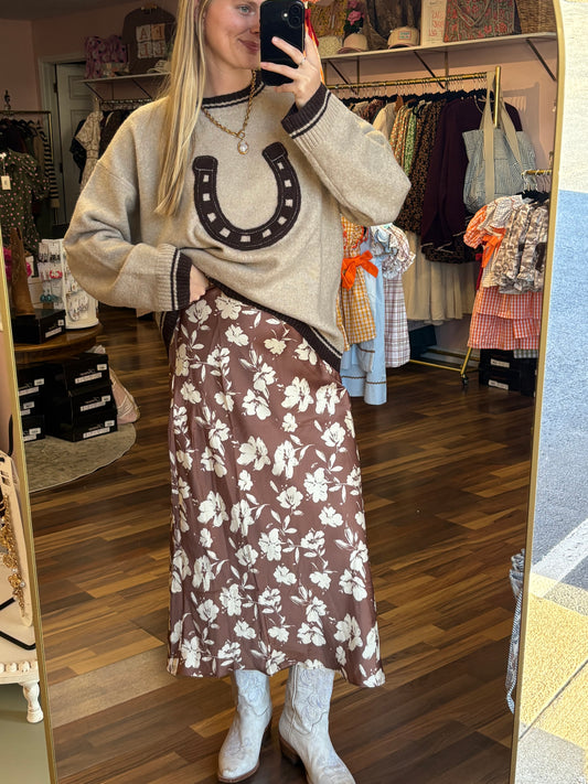 Brown Beige Floral Midi Skirt