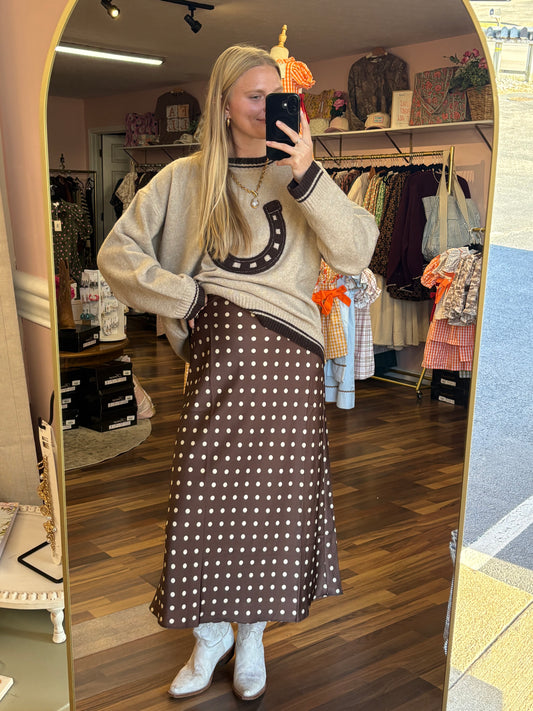 Brown Ivory Satin Midi/Maxi Skirt