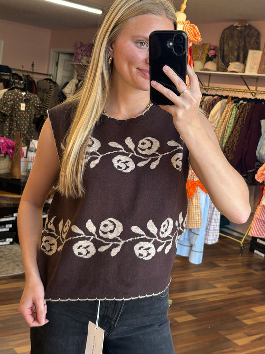 Dark Brown Floral Sweater Vest