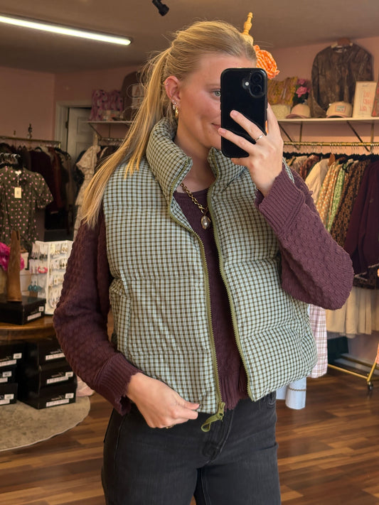 Olive Brown Plaid Puffer Vest