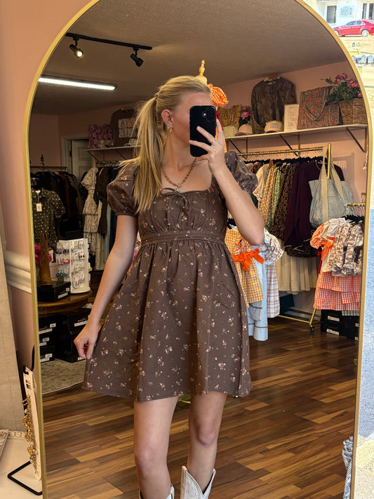 Dark Brown Floral Puff Sleeve Mini
