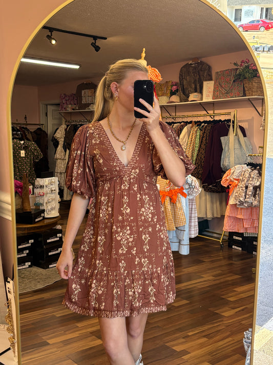 Brown Multi Floral V-neck Mini
