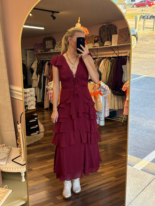 Wine Ruffled Dress
