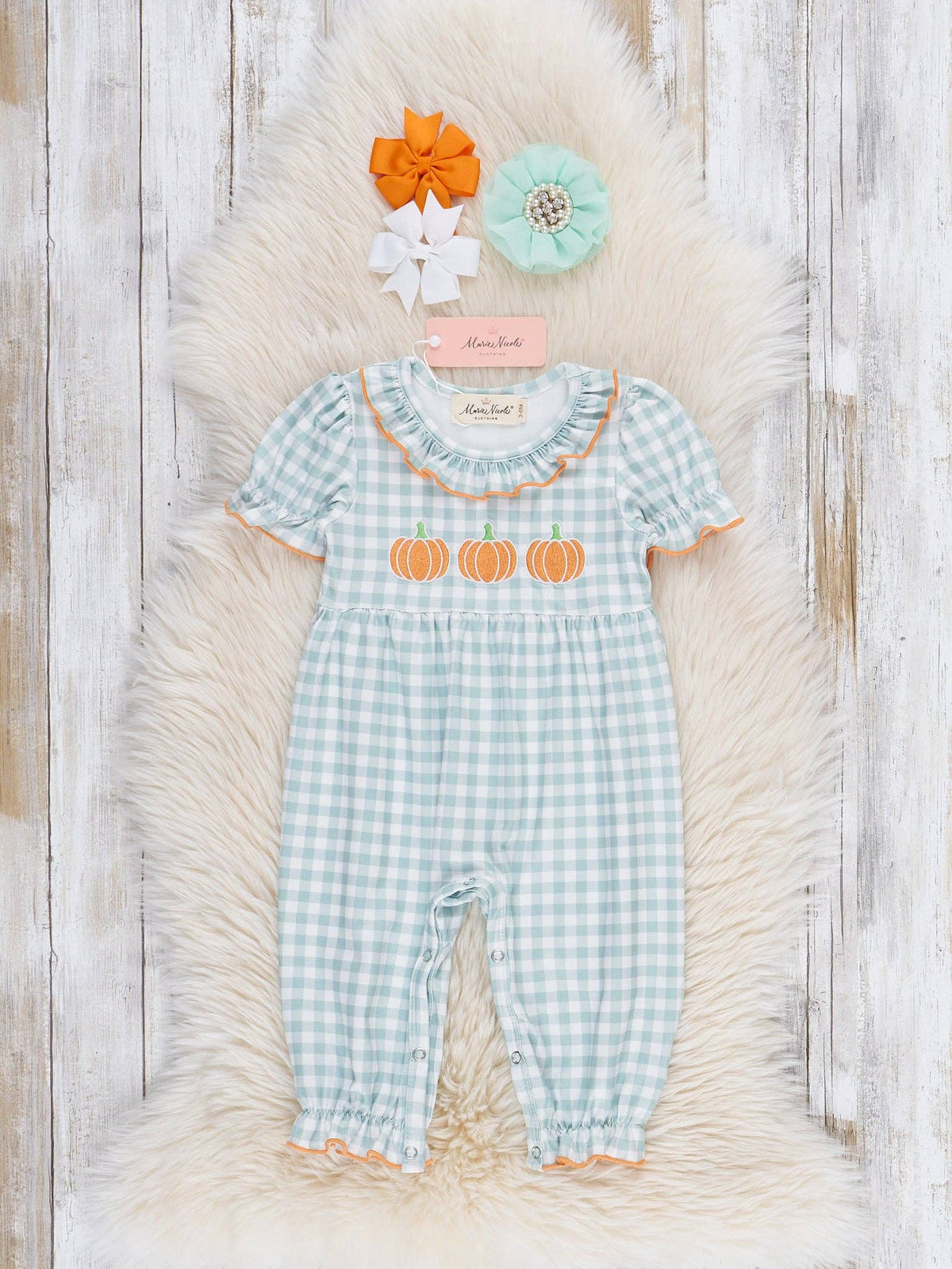Gingham Pumpkin Spice Embroidered Romper