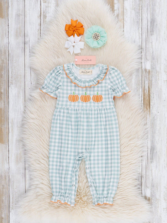 Gingham Pumpkin Spice Embroidered Romper