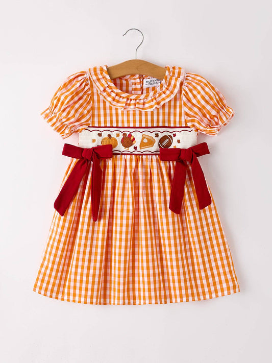 Fall Turkey Embroidered Dress for Girls – Orange Checkered with Thanksgiving Details