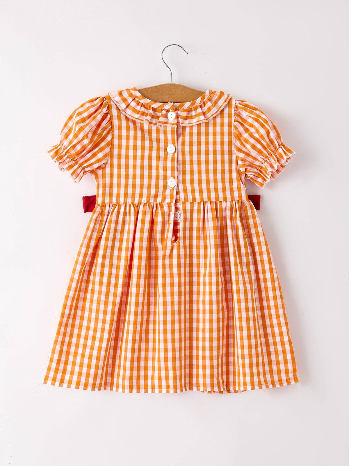 Fall Turkey Embroidered Dress for Girls – Orange Checkered with Thanksgiving Details